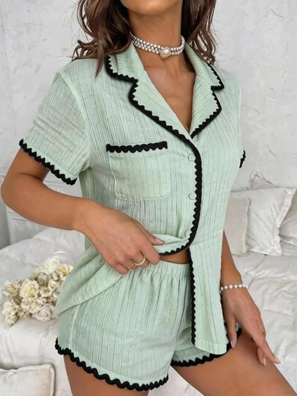 Textured Sage Green Ric-Rac Trim Short Pajama Set Medium